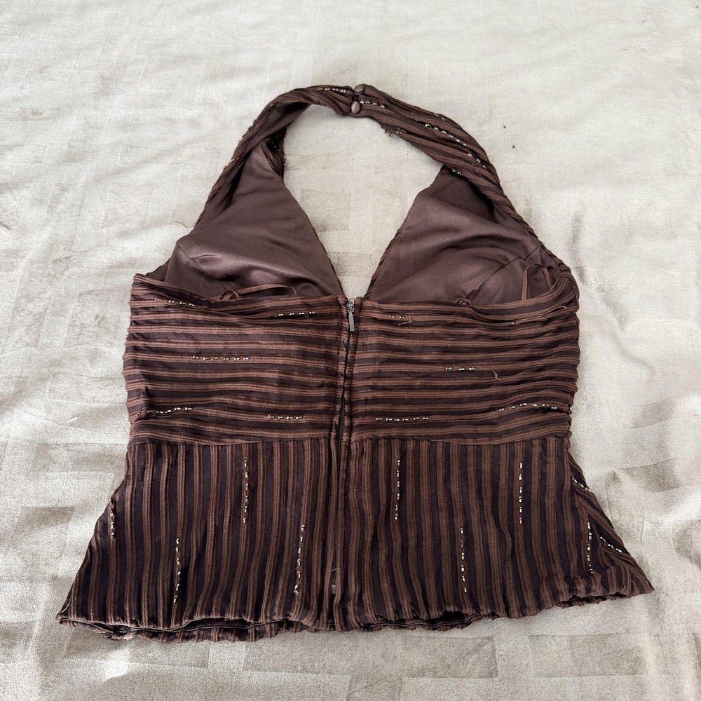 VTG Y2K Cache Top 8 Brown Beaded Halter Camisole Ottoman Stripe Party Blouse - Picture 2 of 16